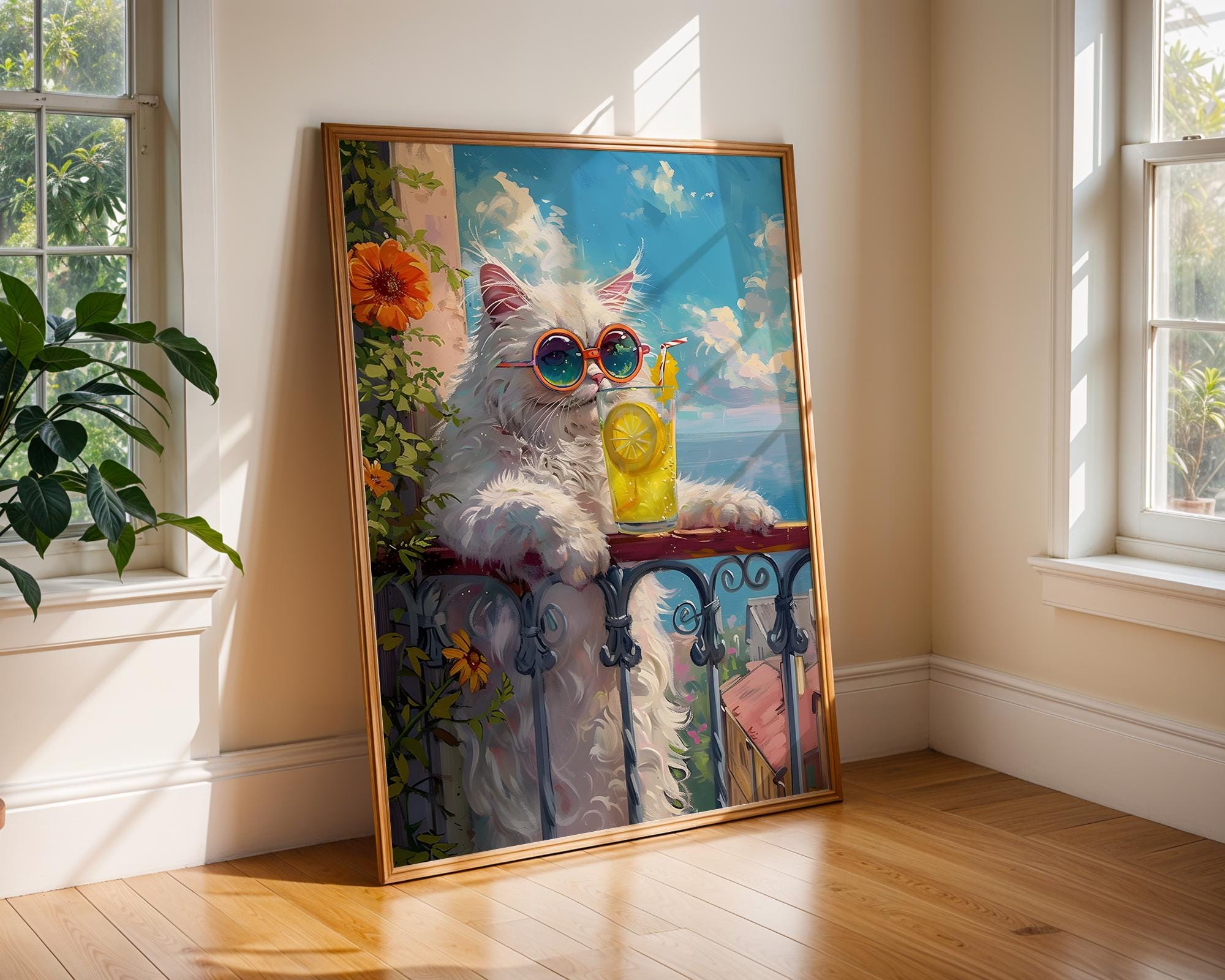Colourful Prints | Funny Cat Print | Summer Balcony, Lemonade, Sunglasses wall art print, modern home decor, unframed artwork by Nomad & Nest