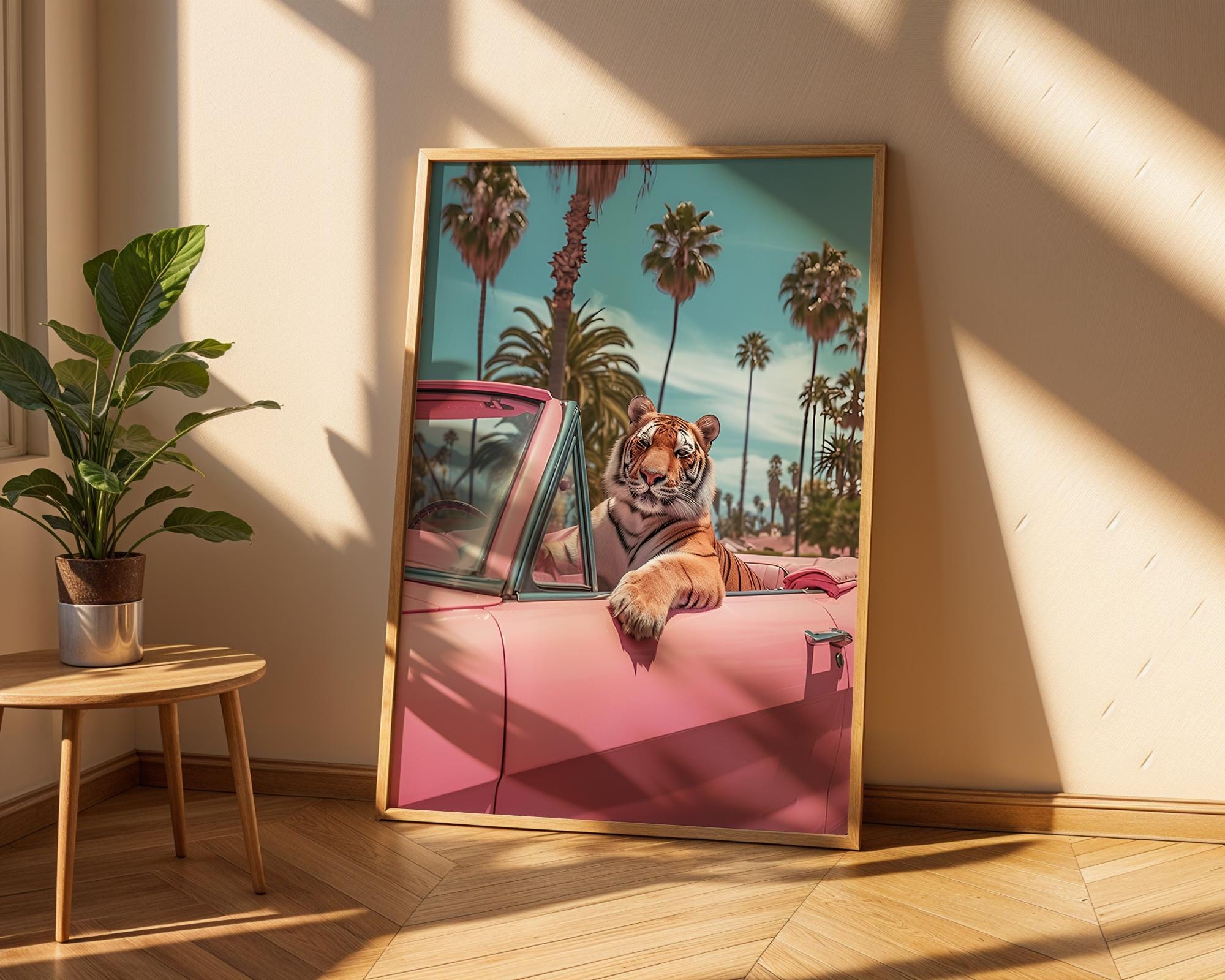 Colourful Prints | Tiger in Pink Convertible Art Print | Retro Jungle Poster wall art print, modern home decor, unframed artwork by Nomad & Nest