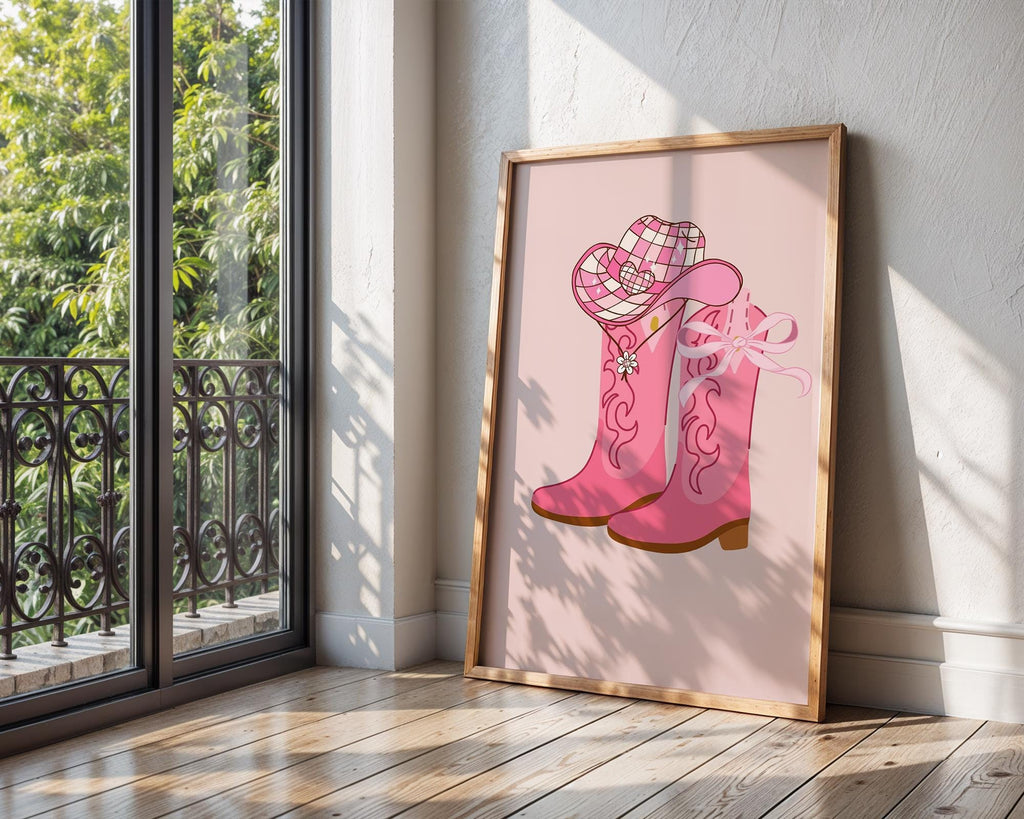 Pink Cowgirl Boots Art Print | Barbiecore Western Poster wall art print, modern home decor, unframed artwork by Nomad & Nest