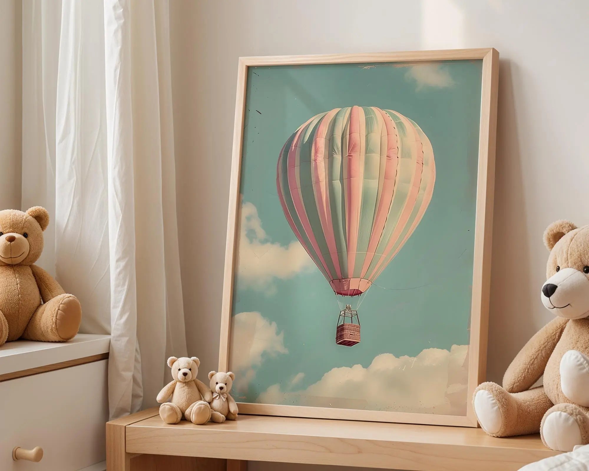 Playroom Ideas | Pastel Hot Air Balloon Nursery Art – Dreamy Baby Print wall art print, modern home decor, unframed artwork by Nomad & Nest