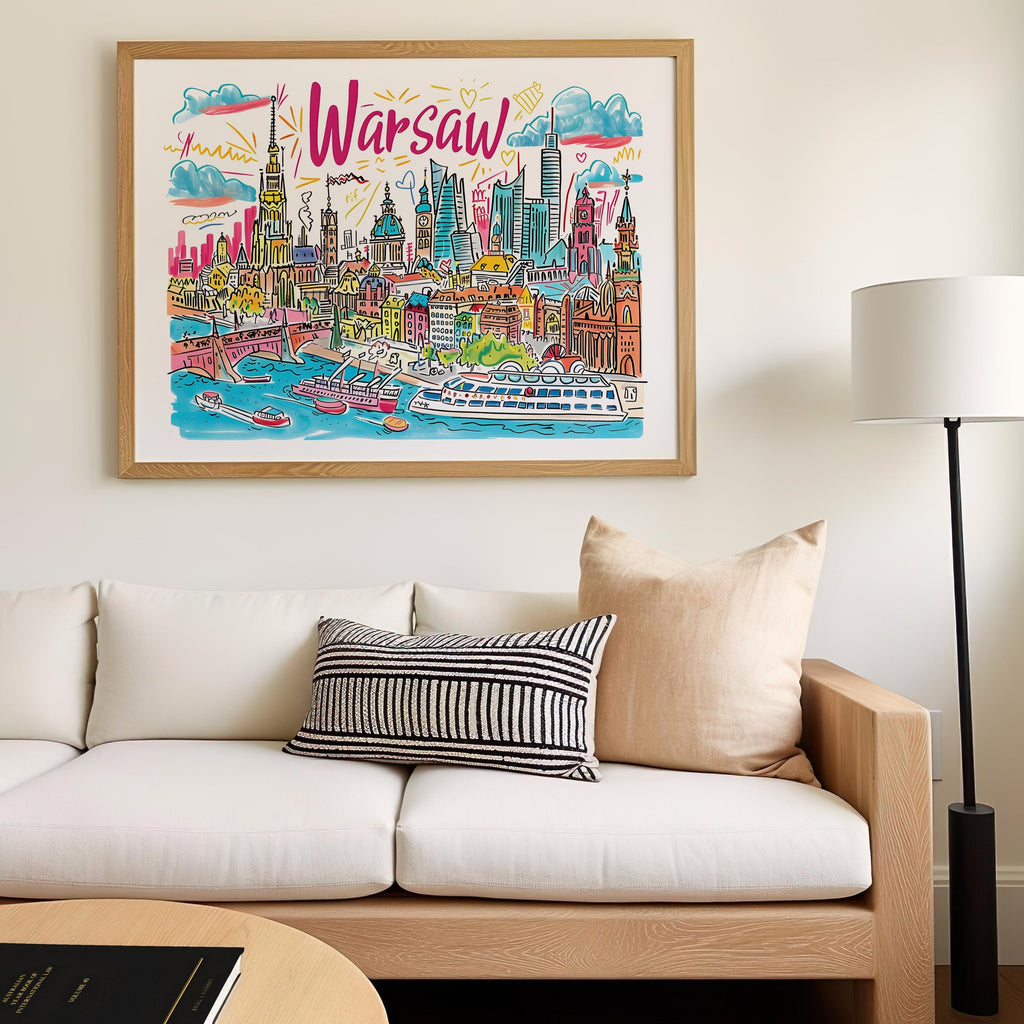 Warsaw Poland Travel Poster | Colorful Cityscape Art Print wall art print, modern home decor, unframed artwork by Nomad & Nest