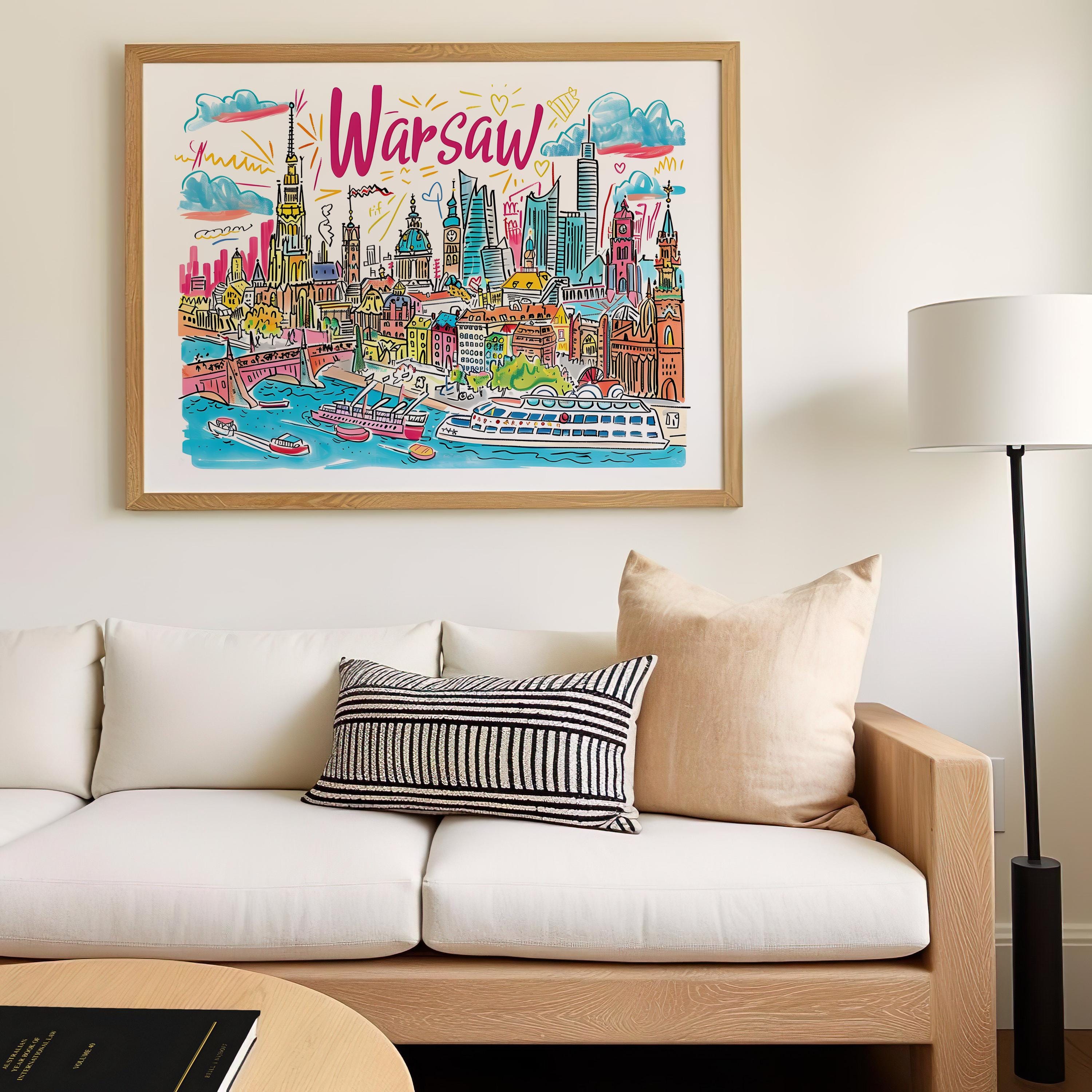 Warsaw Poland Travel Poster | Colorful Cityscape Art Print wall art print, modern home decor, unframed artwork by Nomad & Nest