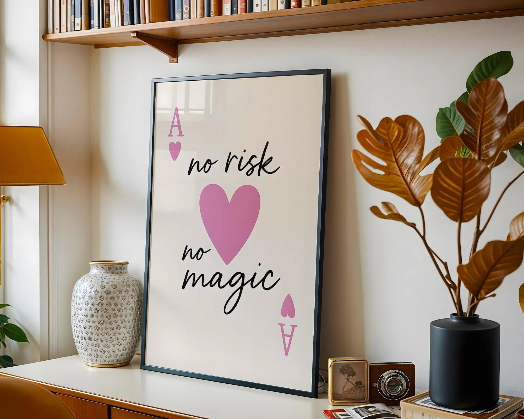 Motivational Quote Print – No Risk No Magic, Pink Heart Art wall art print, modern home decor, unframed artwork by Nomad & Nest
