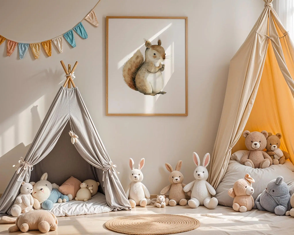Playroom Ideas | Squirrel Nursery Wall Art | Woodland Animal Baby Illustration wall art print, modern home decor, unframed artwork by Nomad & Nest