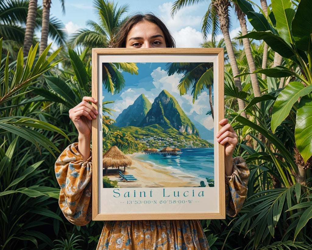 Saint Lucia Travel Poster | Pitons Beach Illustration Art Print wall art print, modern home decor, unframed artwork by Nomad & Nest