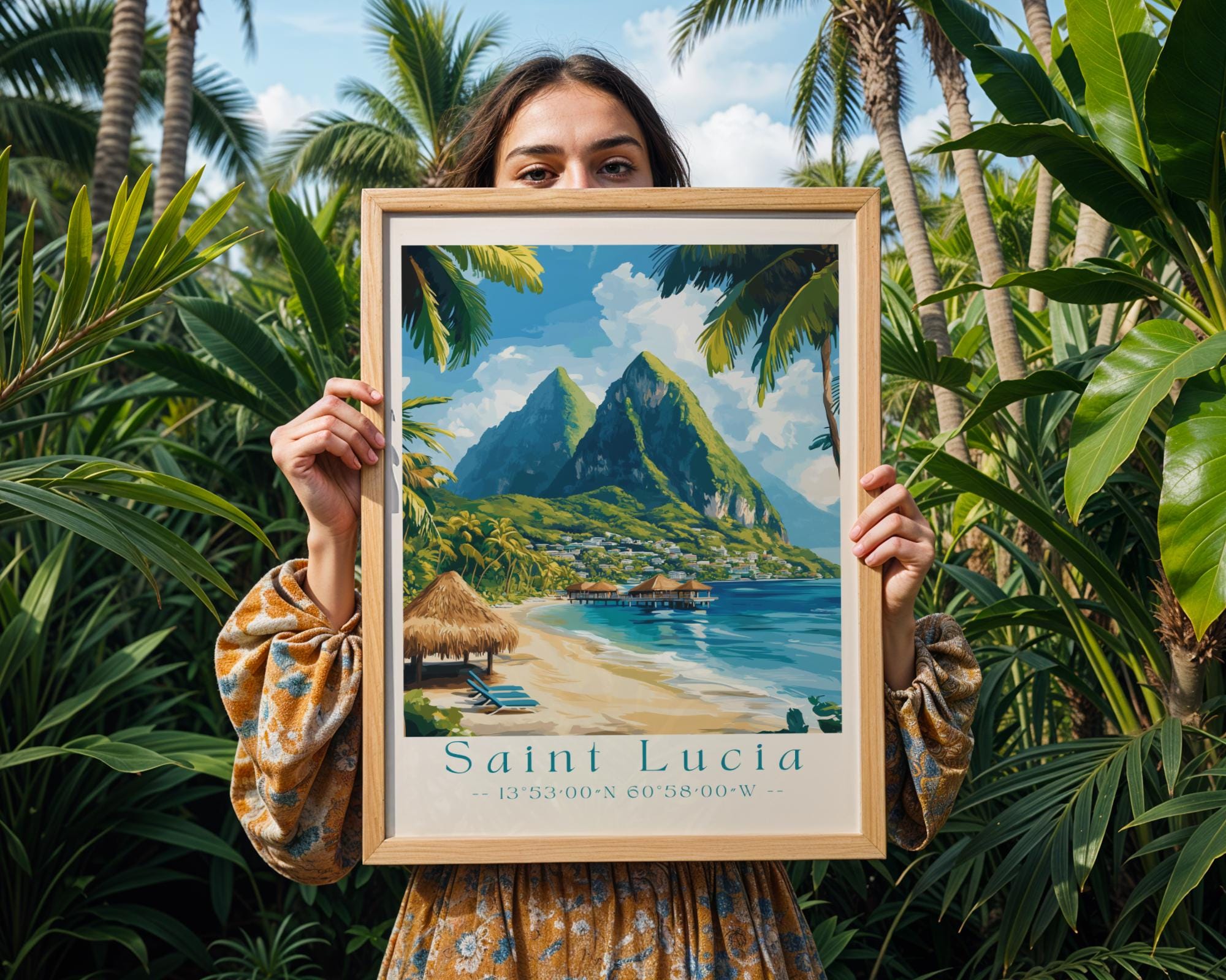 Saint Lucia Travel Poster | Pitons Beach Illustration Art Print wall art print, modern home decor, unframed artwork by Nomad & Nest