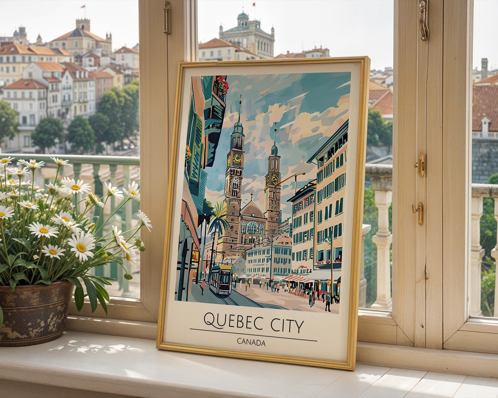 Quebec City Travel Poster | Colourful Canadian Cityscape Art wall art print, modern home decor, unframed artwork by Nomad & Nest