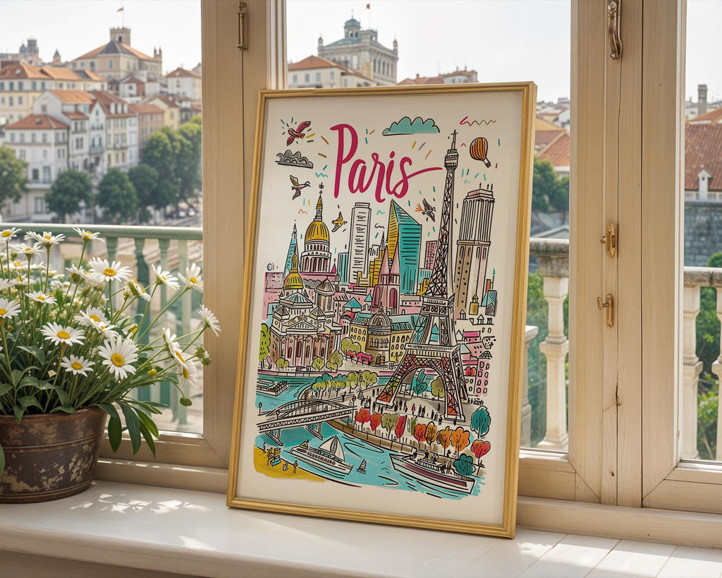 Paris France Art Print | Hand-Drawn Eiffel Tower Cityscape wall art print, modern home decor, unframed artwork by Nomad & Nest