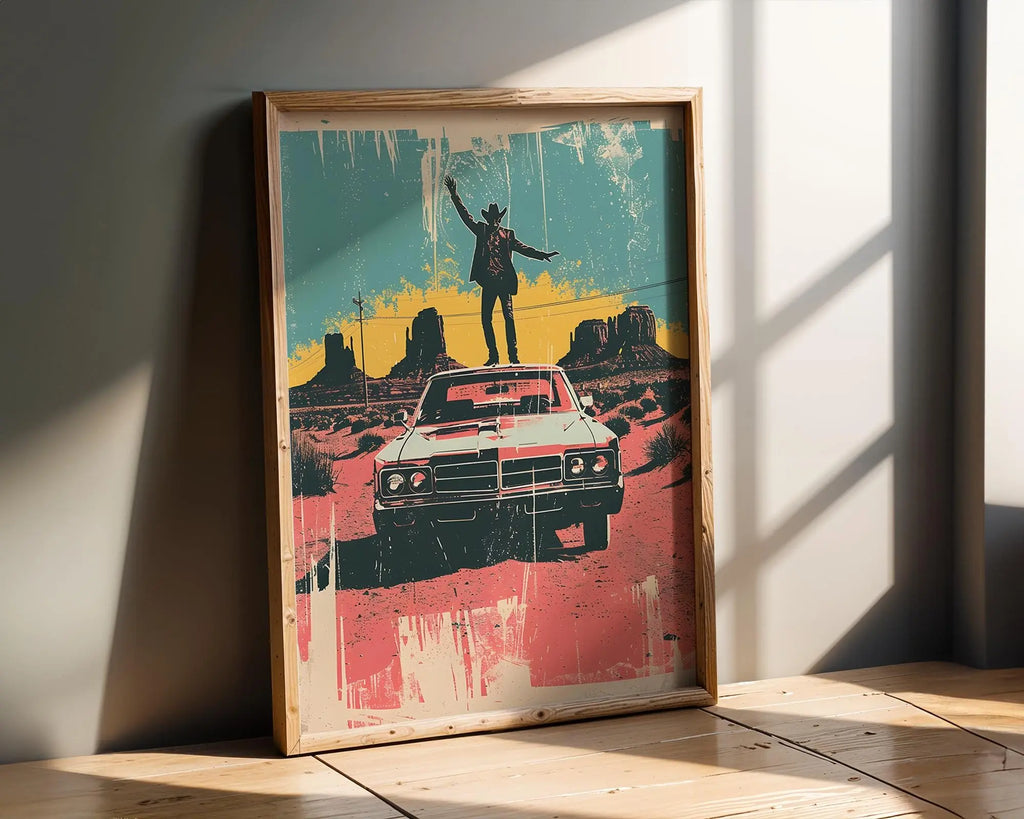 Modern Pop Art | Retro Cowboy Car  Print | Bold Americana Desert Scene wall art print, modern home decor, unframed artwork by Nomad & Nest