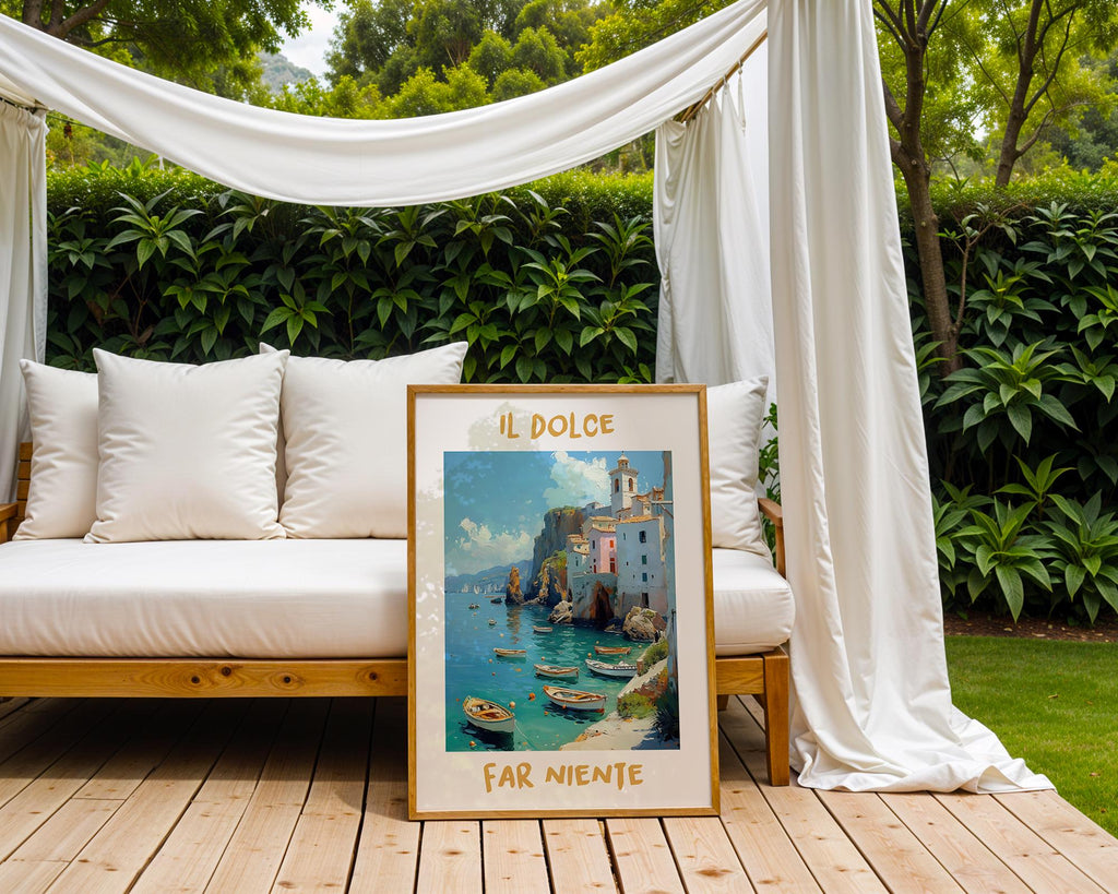 Colourful Prints | Il Dolce Far Niente Print | Italian Coastal Art, Boat Painting wall art print, modern home decor, unframed artwork by Nomad & Nest