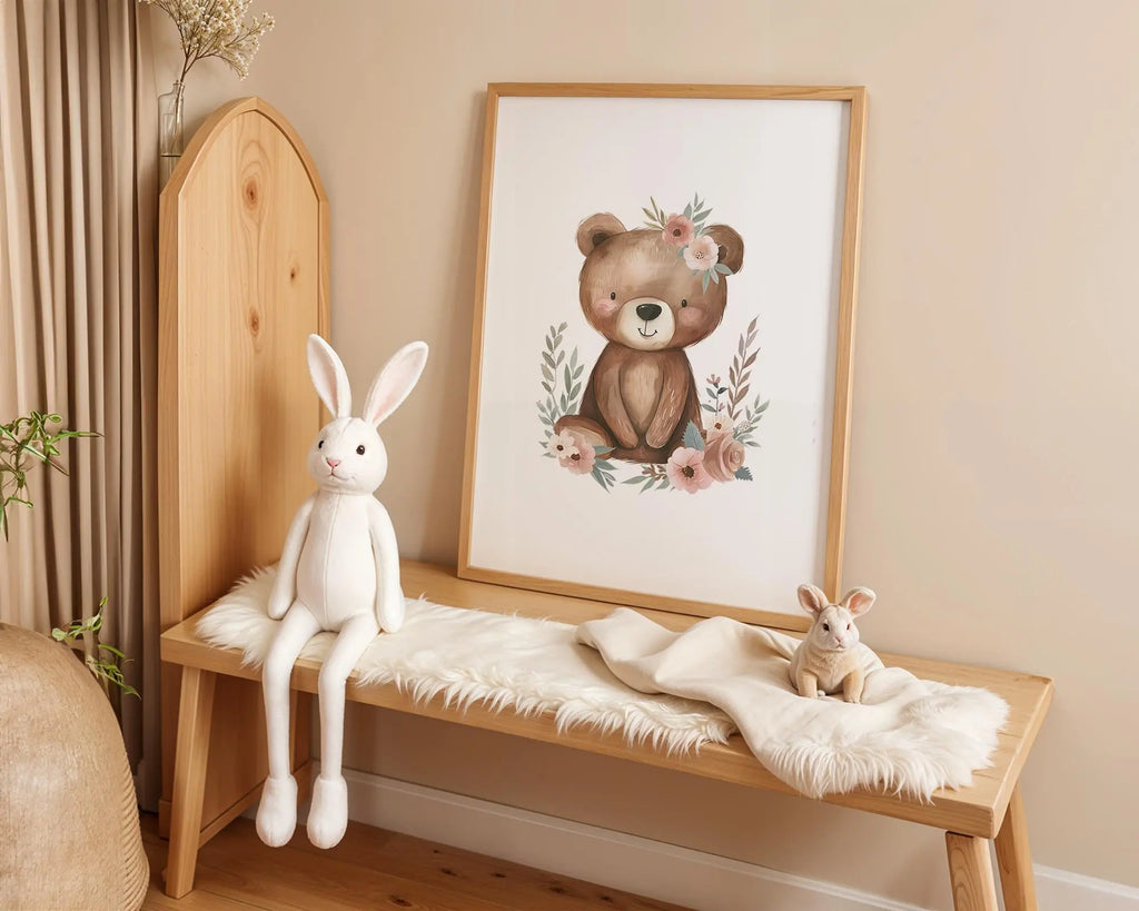 Playroom Ideas | Floral Bear Nursery Wall Art | Animal Baby Girl Print wall art print, modern home decor, unframed artwork by Nomad & Nest