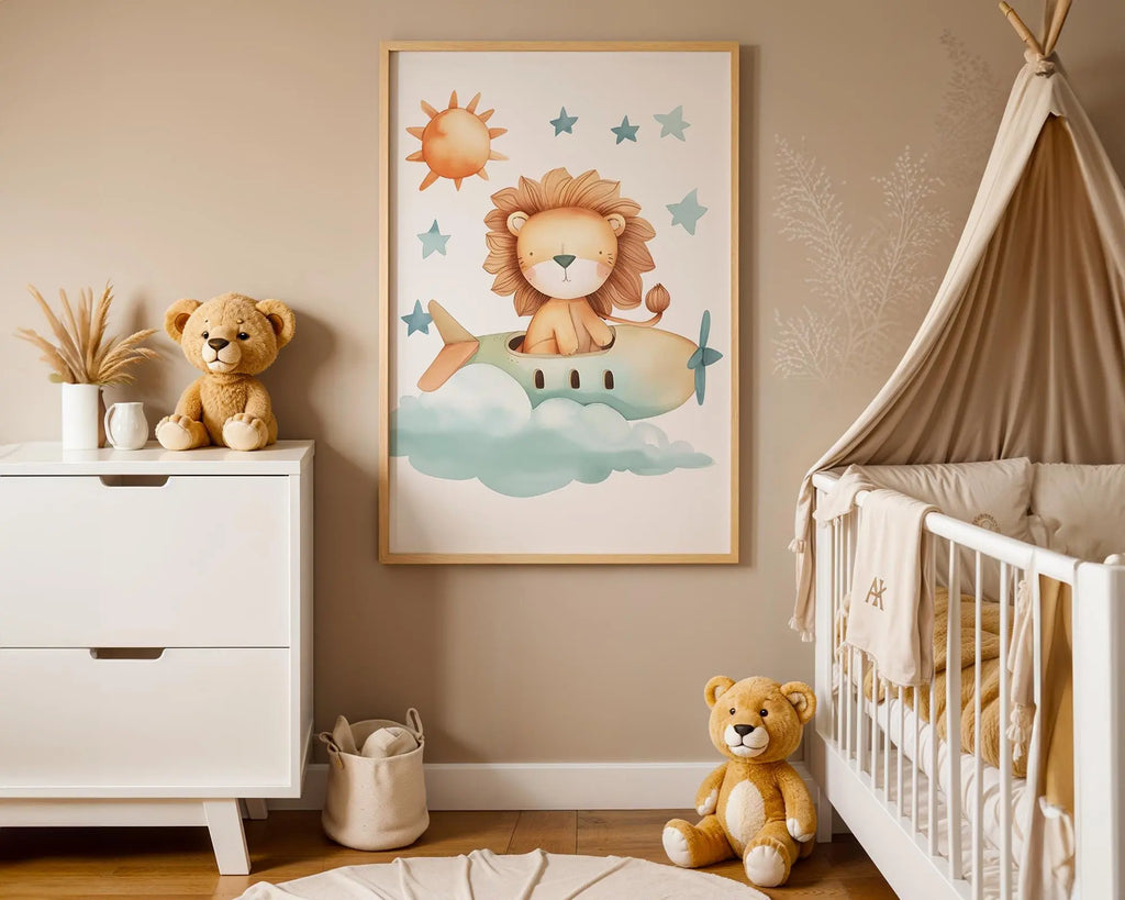 Playroom Ideas | Lion Airplane Nursery Art | Safari Adventure Baby Decor wall art print, modern home decor, unframed artwork by Nomad & Nest