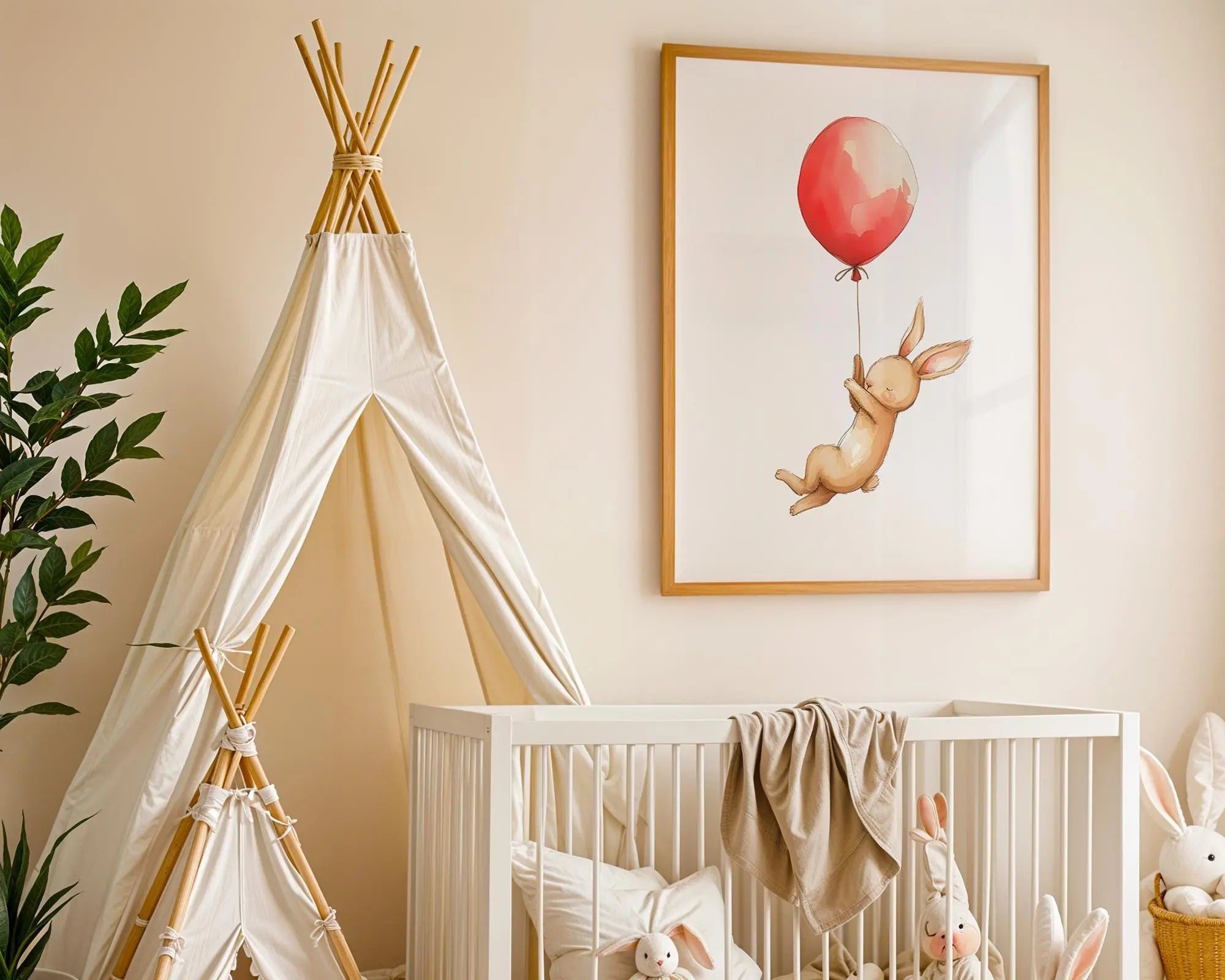 Playroom Ideas | Bunny Balloon Nursery Wall Art | Neutral Woodland Baby Print wall art print, modern home decor, unframed artwork by Nomad & Nest