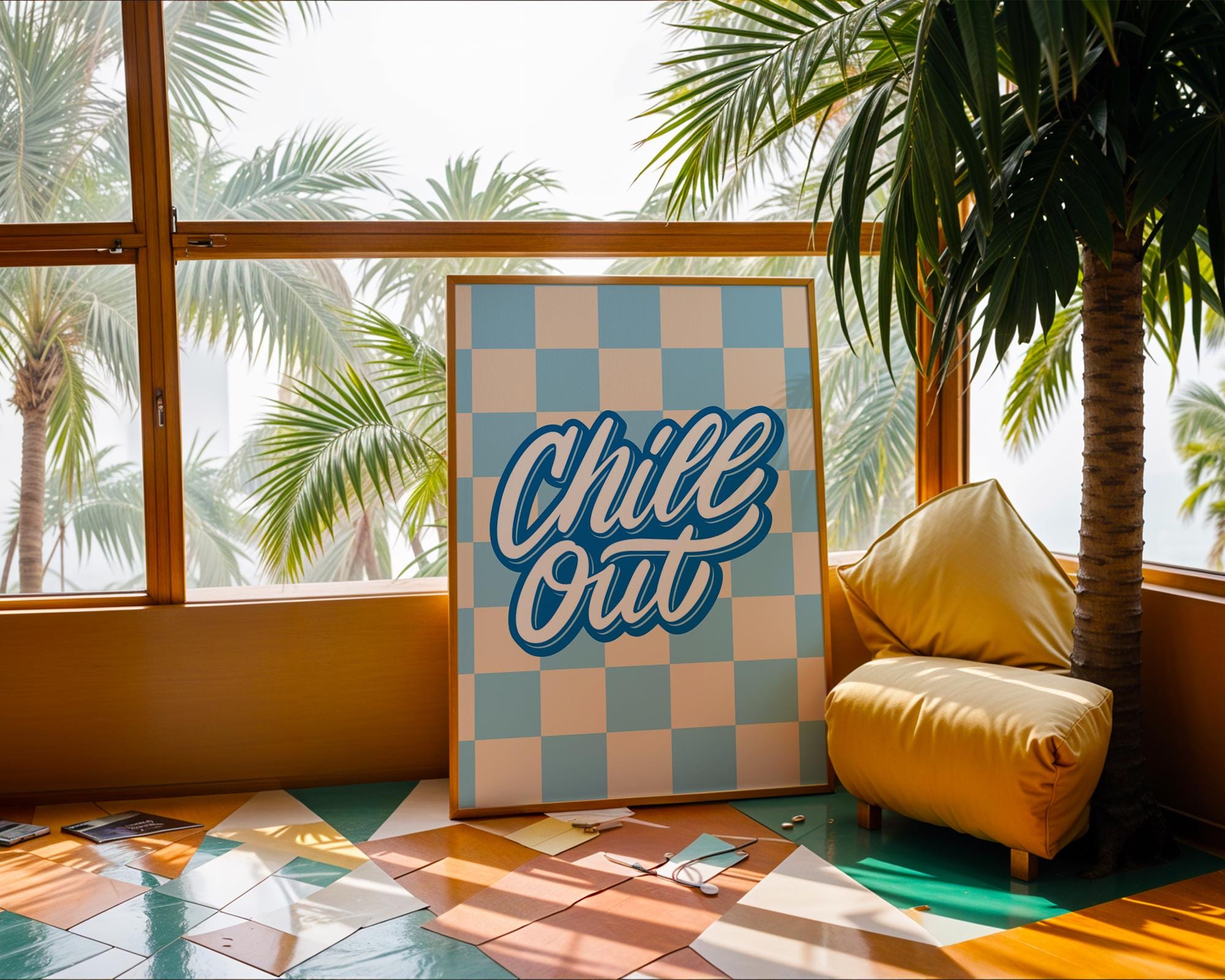 Chill Out Checkered Print | Groovy Blue Beige Retro Wall Art wall art print, modern home decor, unframed artwork by Nomad & Nest