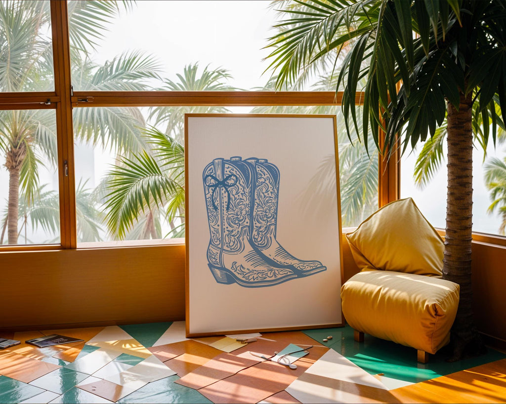 Blue Tooled Cowboy Boots Print | Elegant Western Wall Art wall art print, modern home decor, unframed artwork by Nomad & Nest