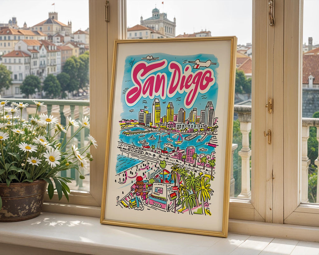 San Diego California Travel Poster | Colorful Coastal Skyline Art Print wall art print, modern home decor, unframed artwork by Nomad & Nest