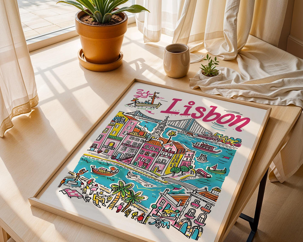 Colorful Lisbon Portugal Travel Poster | Cityscape Wall Art Print wall art print, modern home decor, unframed artwork by Nomad & Nest