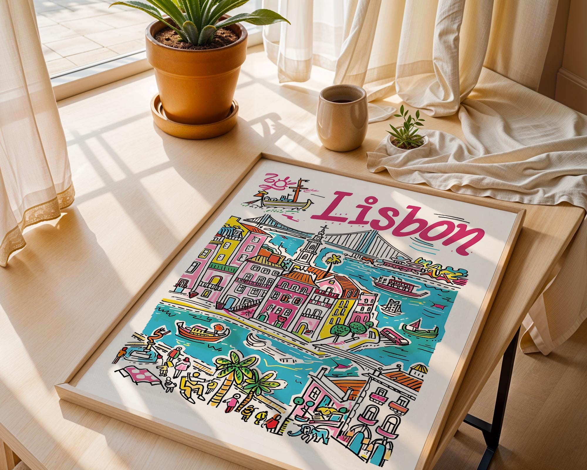 Colorful Lisbon Portugal Travel Poster | Cityscape Wall Art Print wall art print, modern home decor, unframed artwork by Nomad & Nest