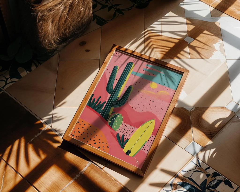 Modern Pop Art | Retro Desert  Print | Cactus & Surfboard Illustration wall art print, modern home decor, unframed artwork by Nomad & Nest