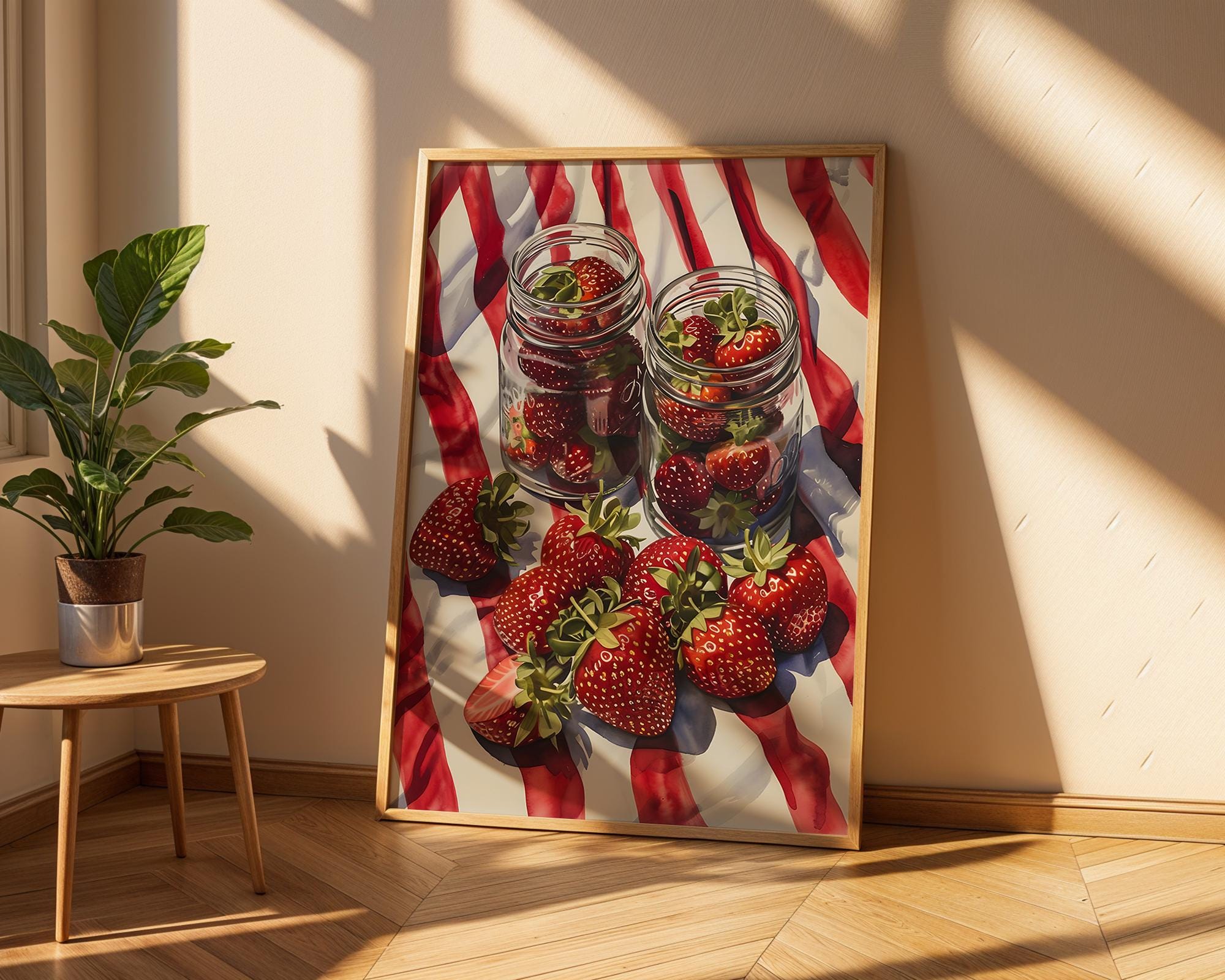 Colourful Prints | Strawberry Still Life Art Print | Summer Fruit Kitchen Decor wall art print, modern home decor, unframed artwork by Nomad & Nest