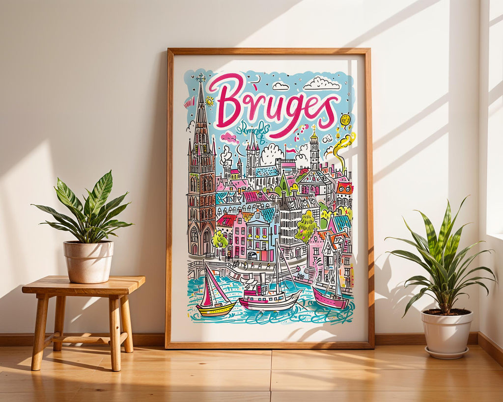 Bruges Belgium Art Print | Colorful Canal City Illustration wall art print, modern home decor, unframed artwork by Nomad & Nest