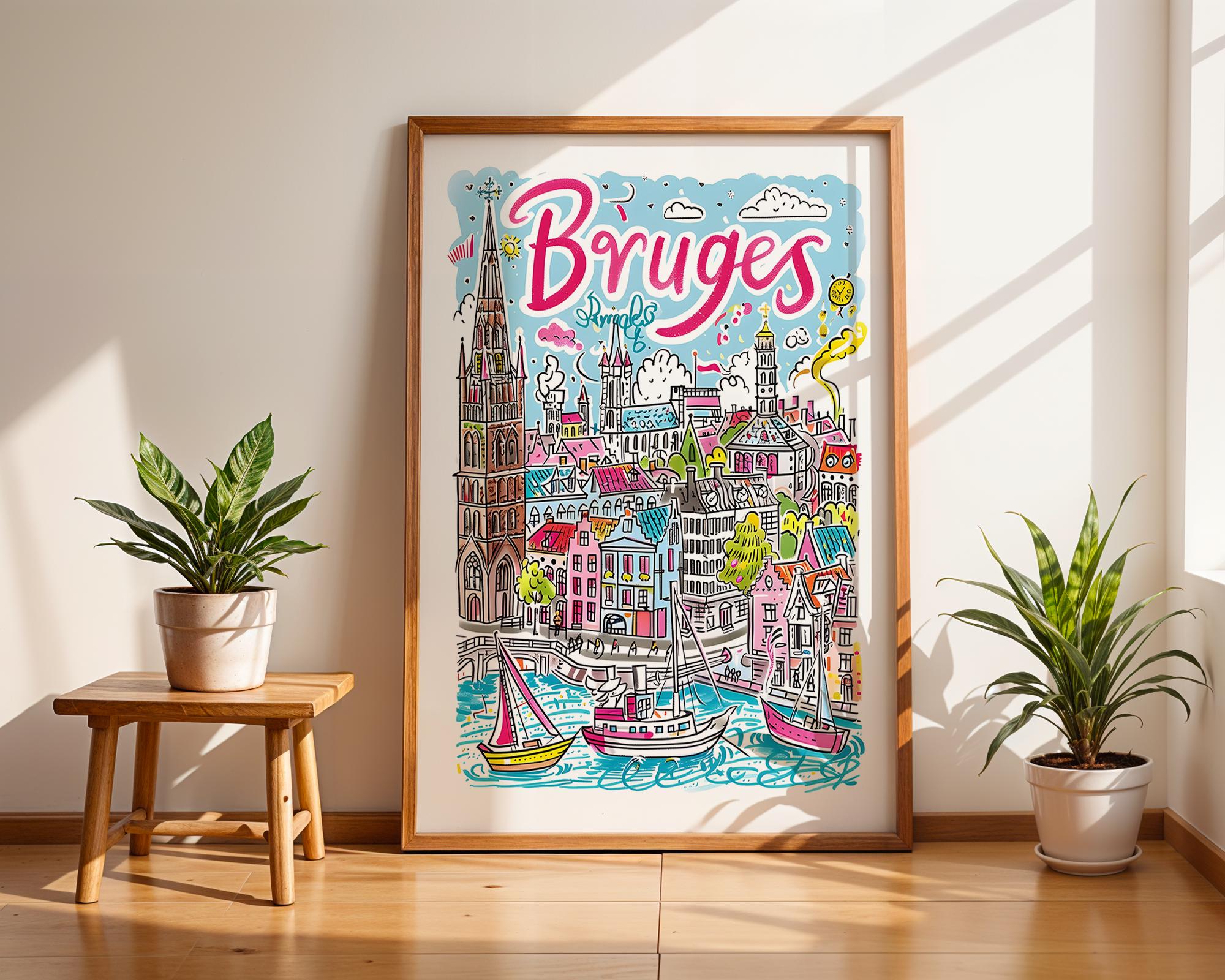 Bruges Belgium Art Print | Colorful Canal City Illustration wall art print, modern home decor, unframed artwork by Nomad & Nest