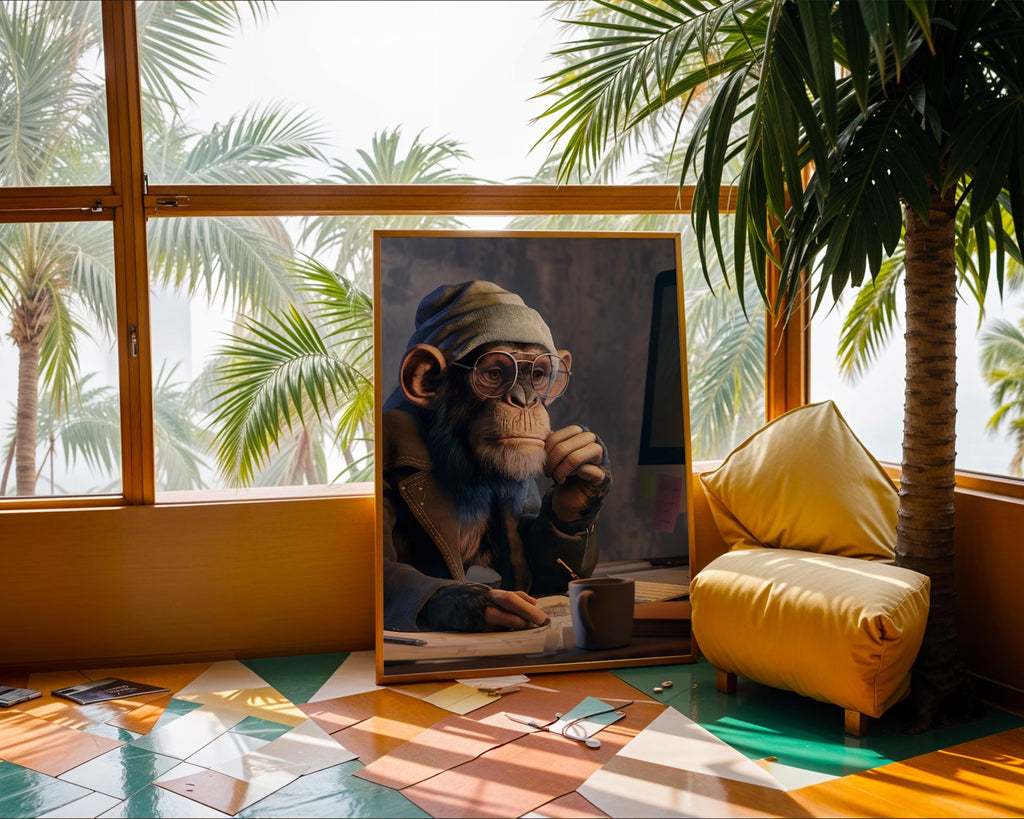 Thinking Chimp Art Print | Quirky Office Animal Portrait wall art print, modern home decor, unframed artwork by Nomad & Nest