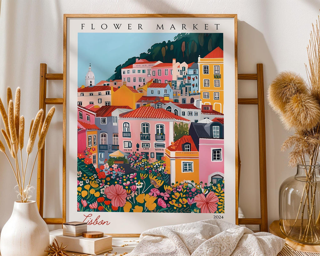 Lisbon Flower Market Art Print | Colorful Portugal Travel Poster wall art print, modern home decor, unframed artwork by Nomad & Nest