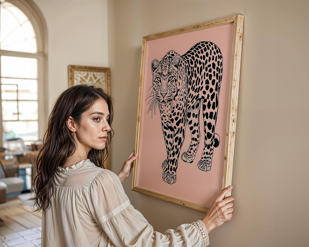 Modern Pop Art | Elegant Leopard  Print | Minimalist Pink Jungle Cat Illustration wall art print, modern home decor, unframed artwork by Nomad & Nest