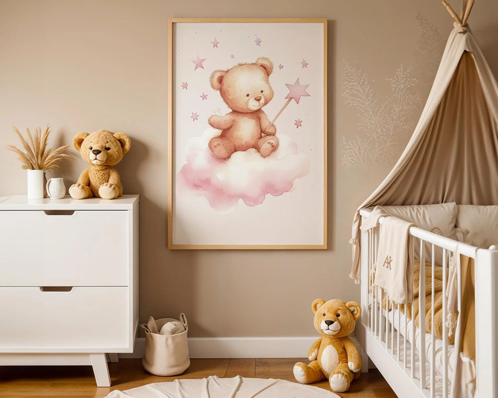 Playroom Ideas | Bear Cloud Nursery Print | Dreamy Star Baby Wall Art wall art print, modern home decor, unframed artwork by Nomad & Nest