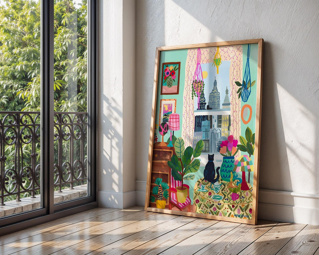 Cat by Window Art Print | Colorful Interior, Botanical Illustration wall art print, modern home decor, unframed artwork by Nomad & Nest