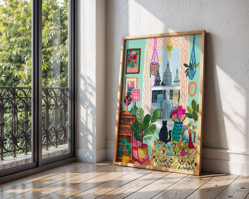Cat by Window Art Print | Colorful Interior, Botanical Illustration wall art print, modern home decor, unframed artwork by Nomad & Nest