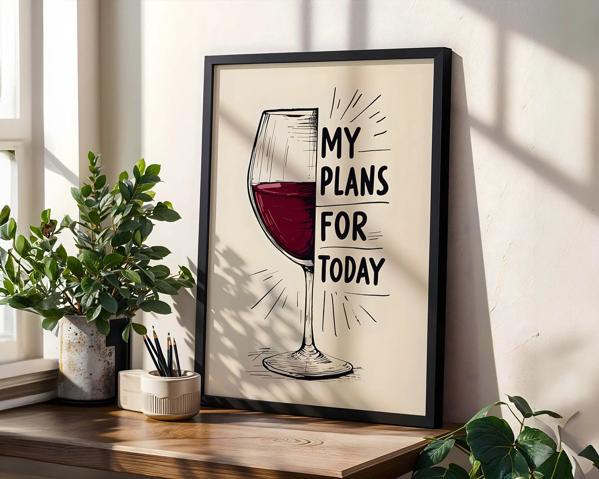 Positive Emotion | My Plans For Today Wall Art | Wine Glass Illustration | Relaxed Lifestyle Decor | Funny Home Quote Print wall art print, modern home decor, unframed artwork by Nomad & Nest
