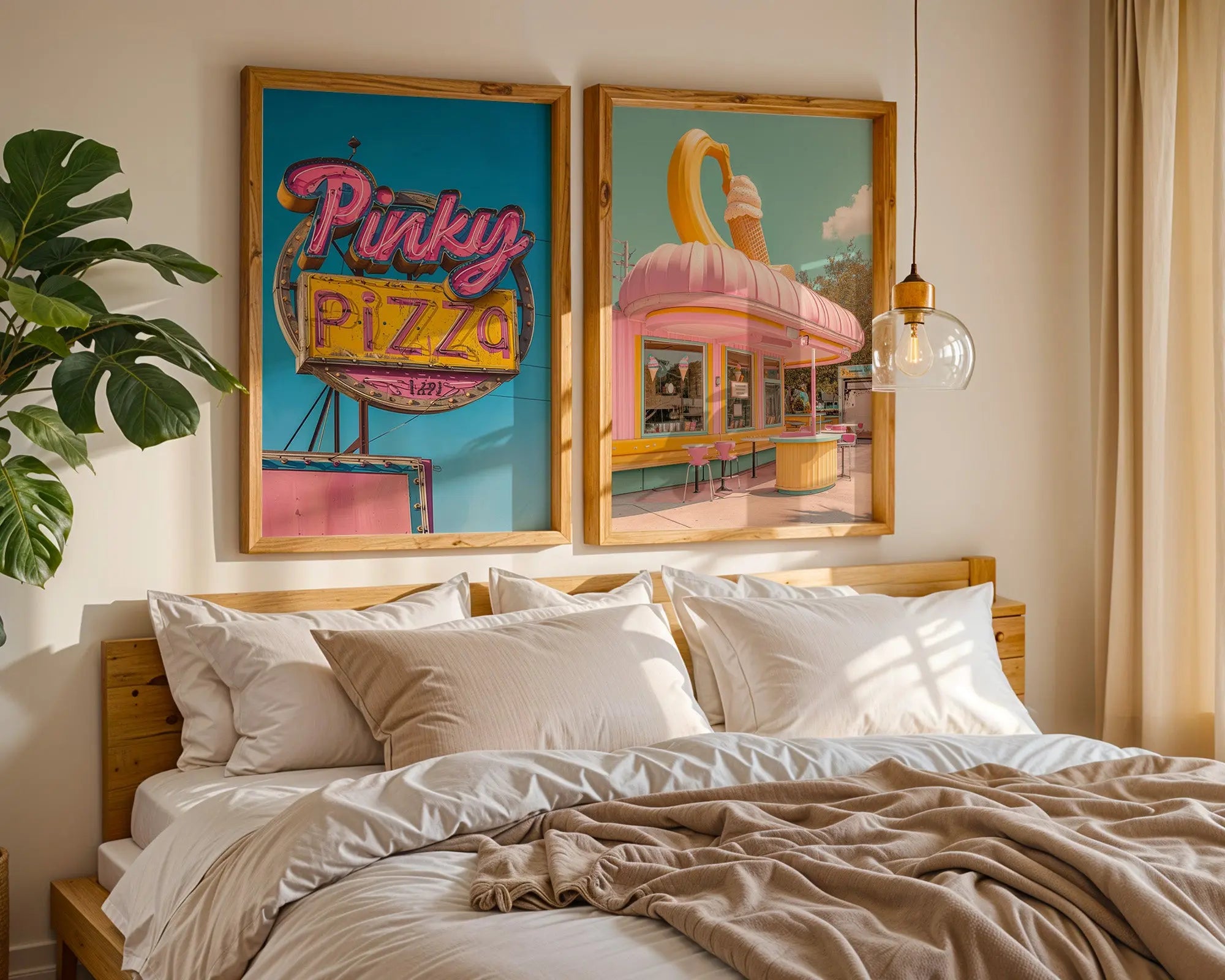 Colourful Prints | Retro Diner Prints Set | Pink Pizza, Ice Cream Parlour Wall Art (Set of 2) wall art print, modern home decor, unframed artwork by Nomad & Nest