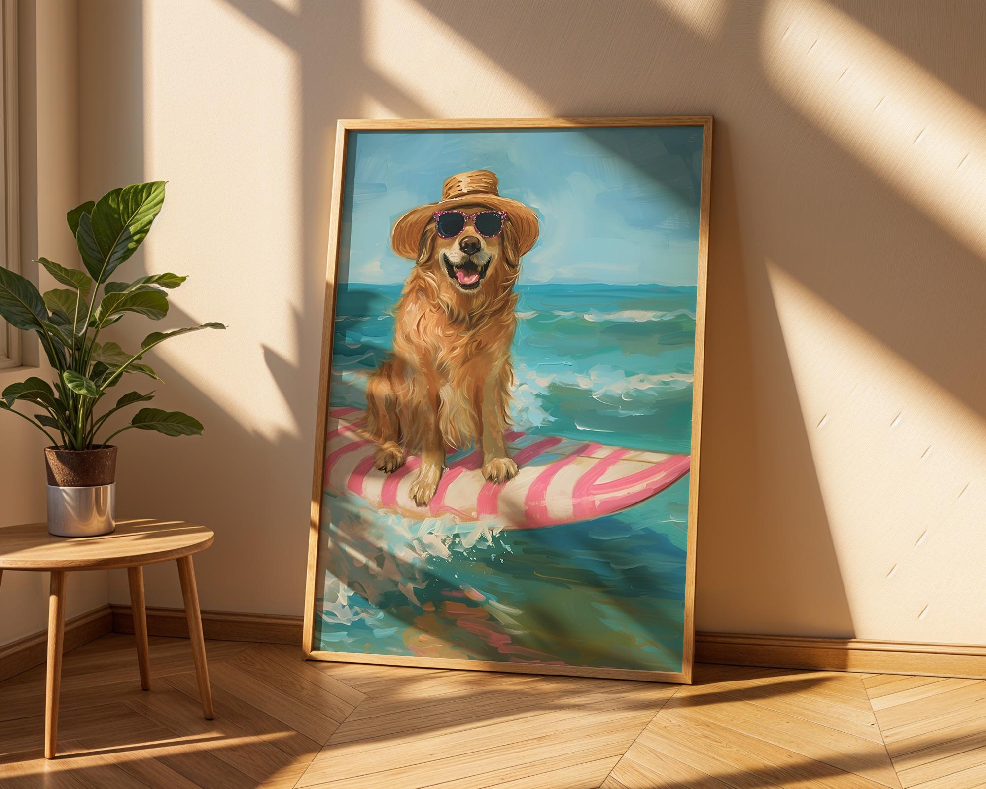 Colourful Prints | Surfer Golden Retriever Art Print | Beach House Coastal Decor wall art print, modern home decor, unframed artwork by Nomad & Nest