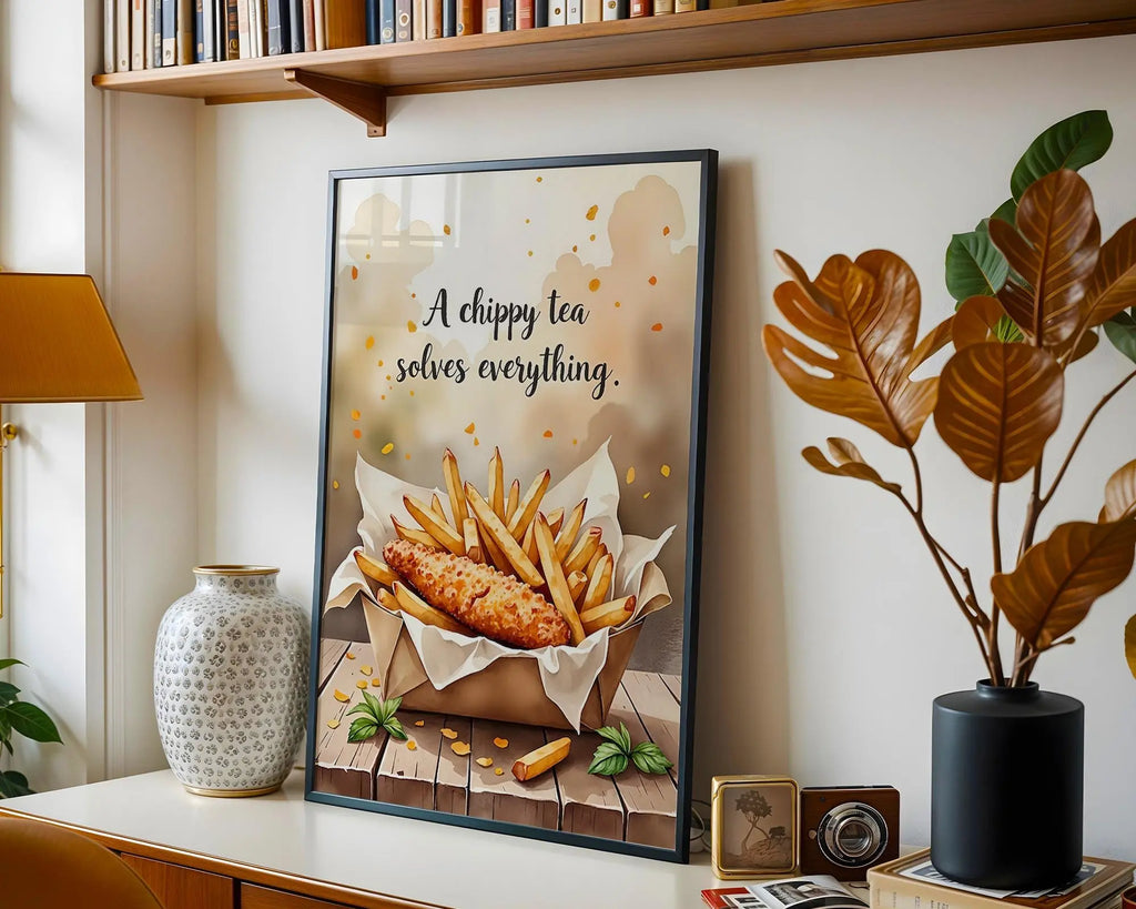 Positive Emotion | A Chippy Tea Solves Everything | Food Quote Art | British Comfort Wall Print wall art print, modern home decor, unframed artwork by Nomad & Nest