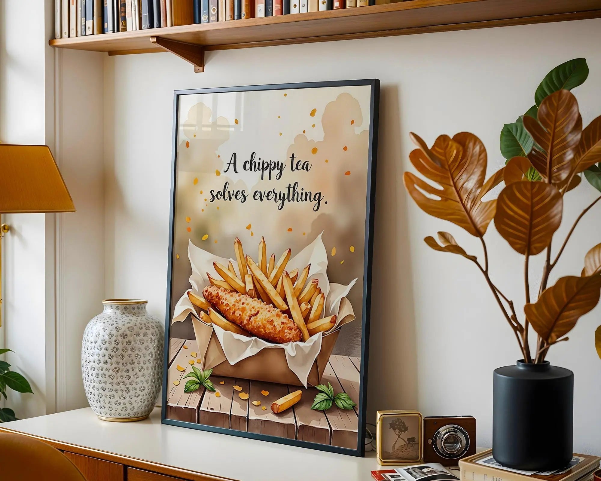 Positive Emotion | A Chippy Tea Solves Everything | Food Quote Art | British Comfort Wall Print wall art print, modern home decor, unframed artwork by Nomad & Nest