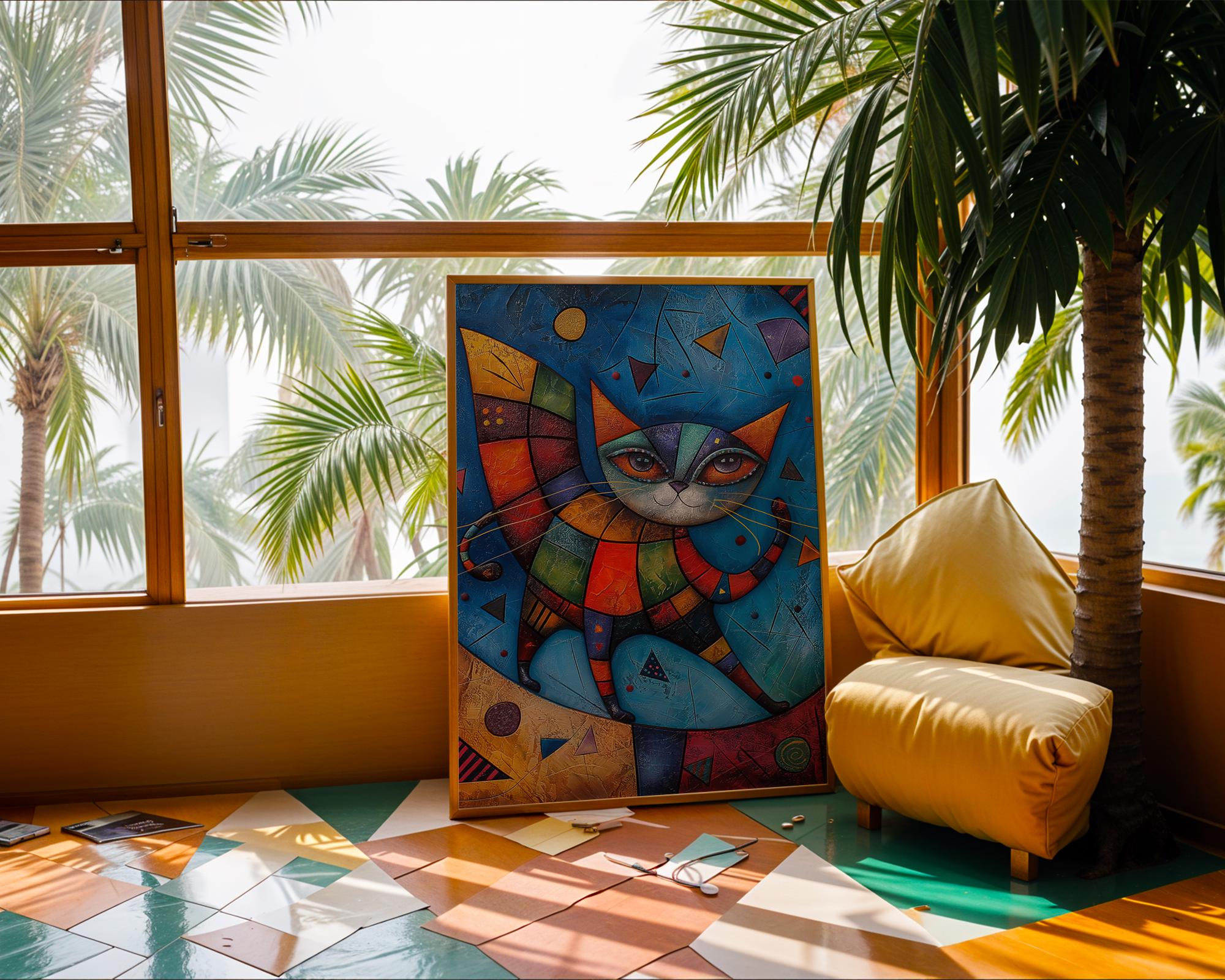 Abstract Cat Art Print | Colourful Geometric Feline Home Decor wall art print, modern home decor, unframed artwork by Nomad & Nest