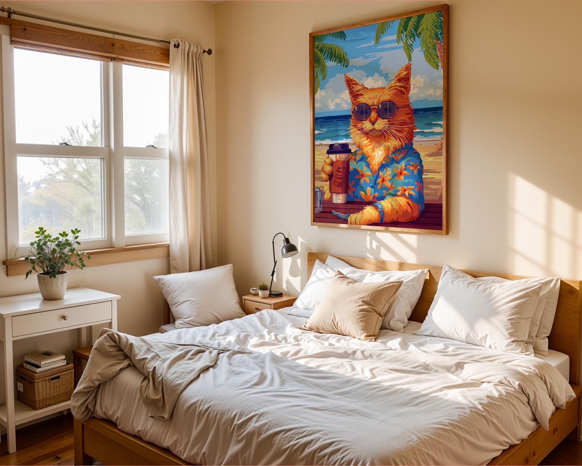 Retro Cat Beach Print | Funny Feline Summer Holiday Poster wall art print, modern home decor, unframed artwork by Nomad & Nest