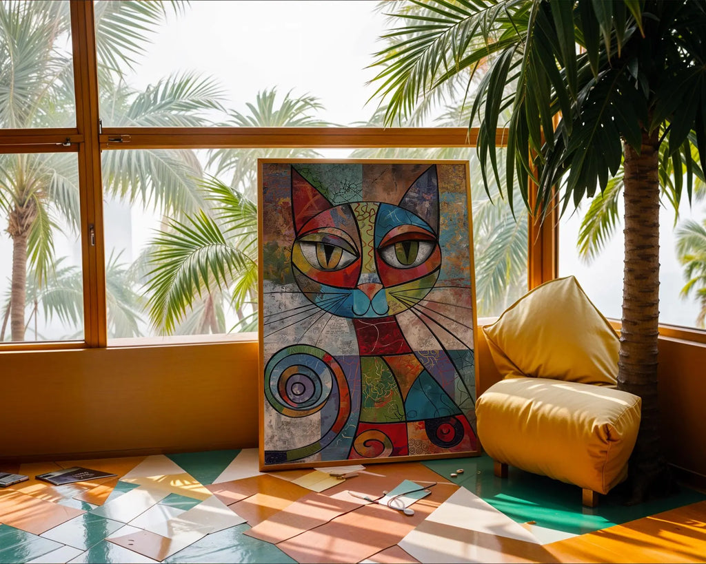 Abstract Geometric Cat Print | Modern Cubist Animal Poster wall art print, modern home decor, unframed artwork by Nomad & Nest