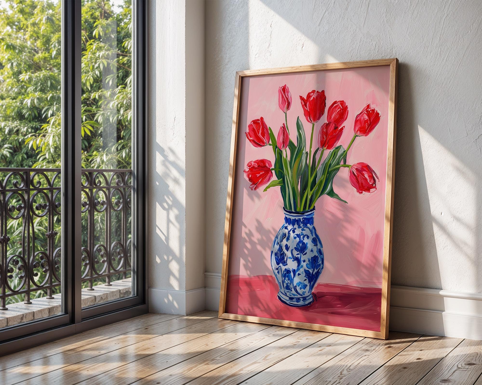 Colourful Prints | Red Tulips Print | Pink Botanical Art, Blue Vase Poster wall art print, modern home decor, unframed artwork by Nomad & Nest