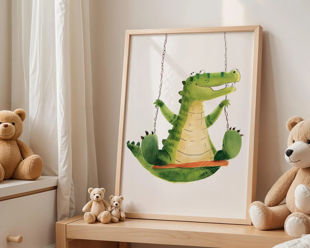 Playroom Ideas | Crocodile Swing Nursery Wall Art | Jungle Animal Baby Print wall art print, modern home decor, unframed artwork by Nomad & Nest