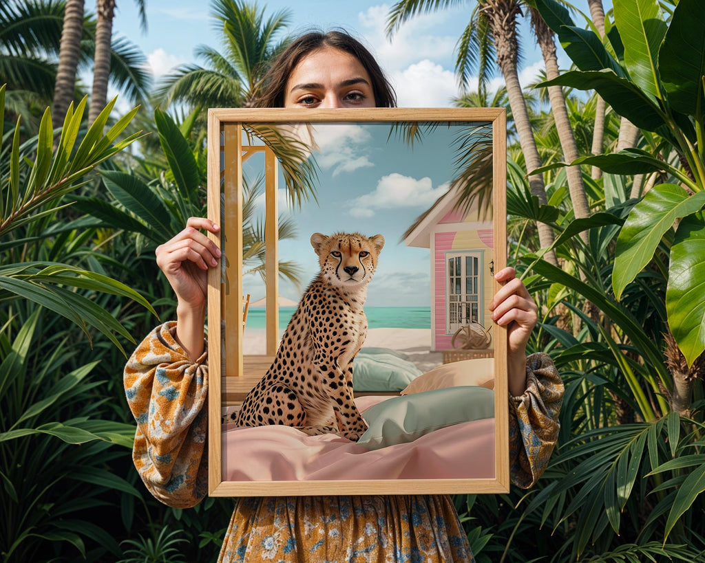 Colourful Prints | Cheetah Beach Print | Tropical Animal Coastal Wall Art wall art print, modern home decor, unframed artwork by Nomad & Nest