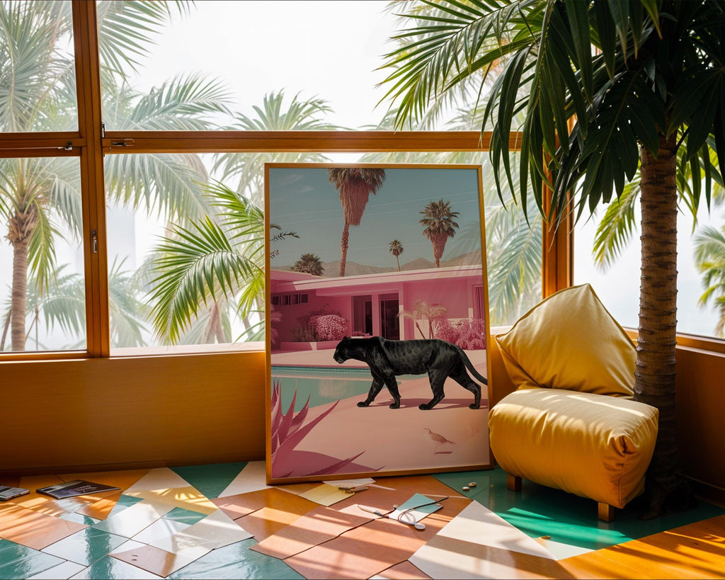 Colourful Prints | Panther Poolside Art Print | Retro Palm Springs, Tropical Pink wall art print, modern home decor, unframed artwork by Nomad & Nest