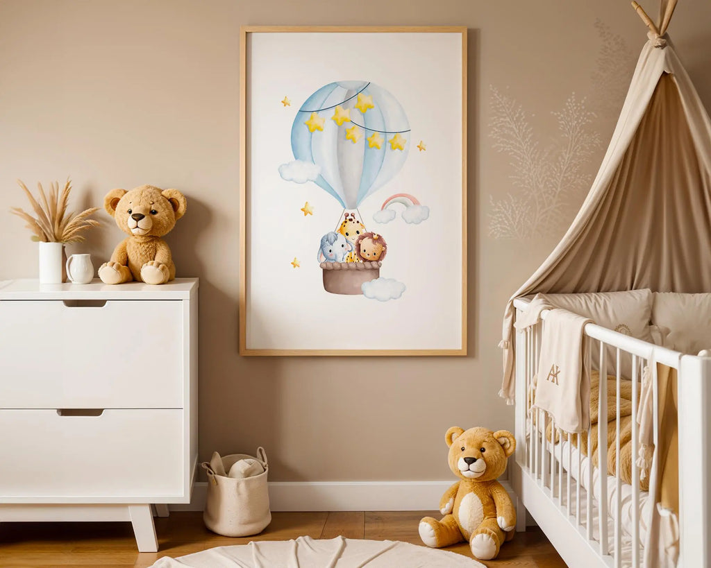 Playroom Ideas | Safari Balloon Nursery Art | Elephant Lion Giraffe Print wall art print, modern home decor, unframed artwork by Nomad & Nest