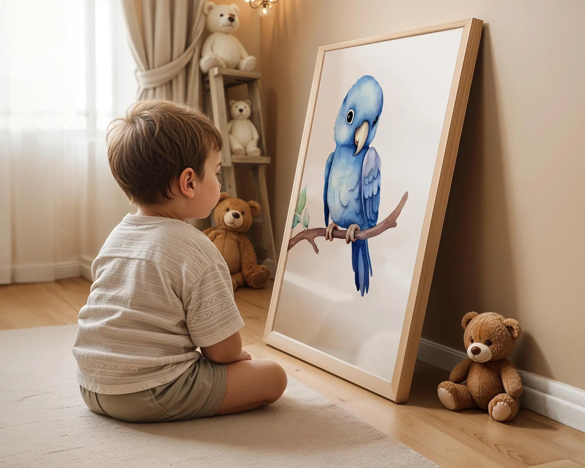 Playroom Ideas | Blue Parrot Nursery Wall Art | Tropical Bird Baby Print wall art print, modern home decor, unframed artwork by Nomad & Nest