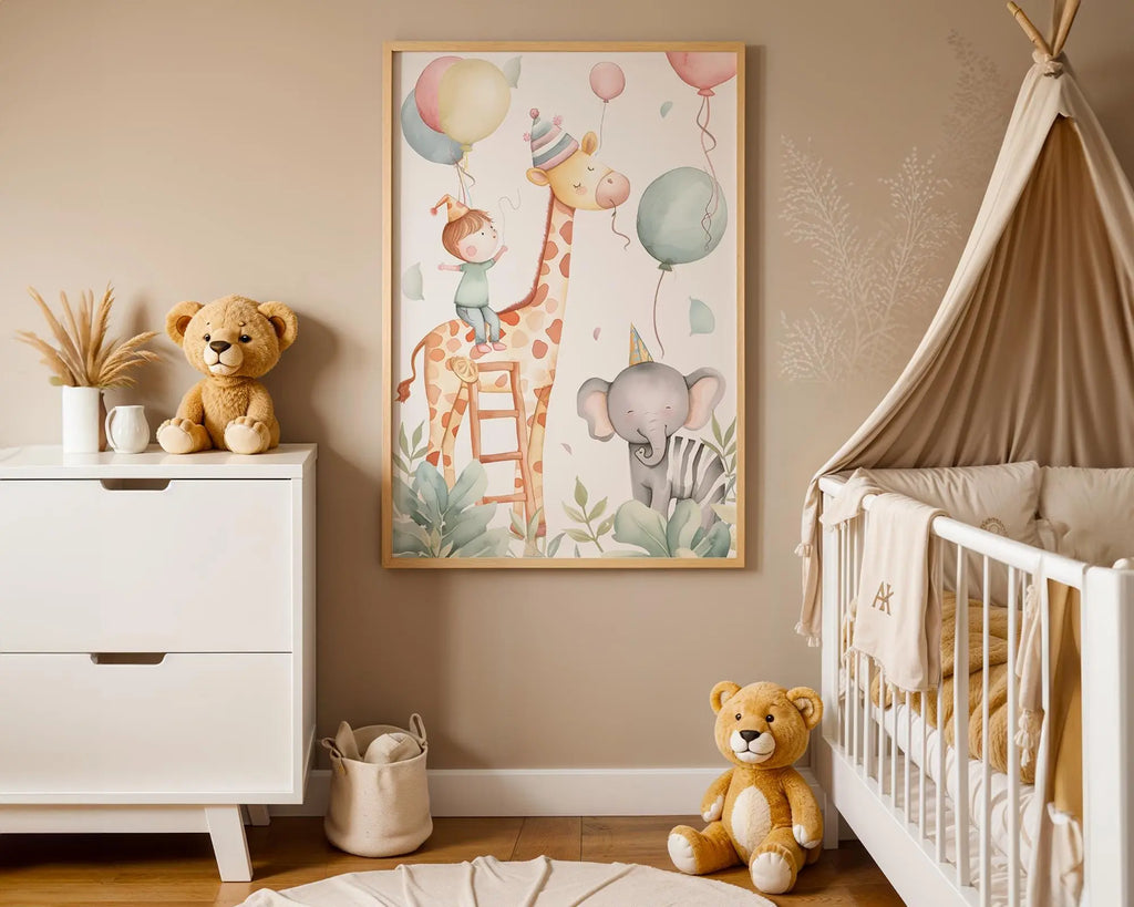 Playroom Ideas | Safari Friends Nursery Wall Art | Giraffe Elephant Balloon Print wall art print, modern home decor, unframed artwork by Nomad & Nest