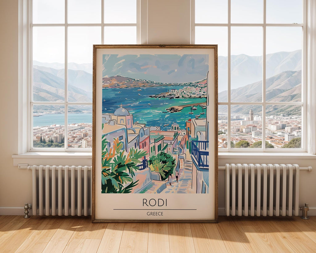 Rhodes Greece Art Print | Rodi Island Coastal Travel Poster wall art print, modern home decor, unframed artwork by Nomad & Nest