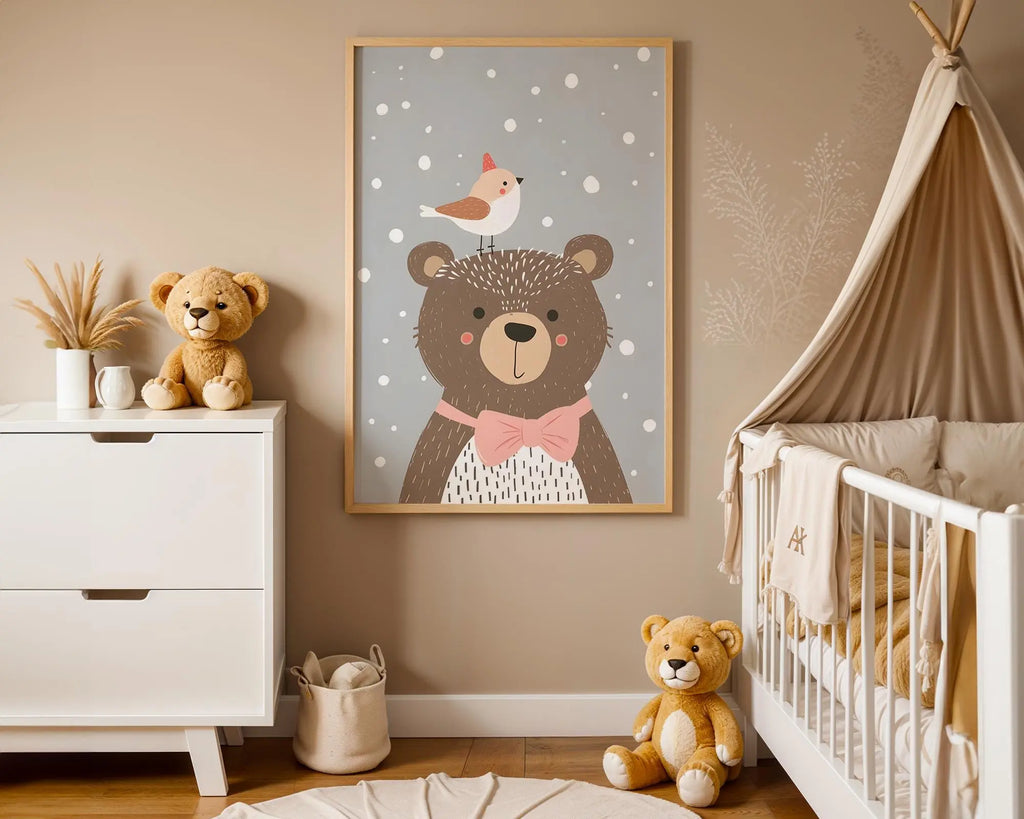 Playroom Ideas | Bear Nursery Wall Art | Woodland Animal Baby Illustration wall art print, modern home decor, unframed artwork by Nomad & Nest