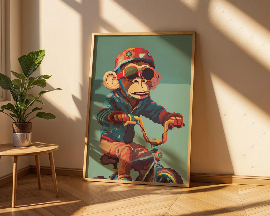 Monkey Riding Bicycle Art Print | Retro Whimsical Illustration wall art print, modern home decor, unframed artwork by Nomad & Nest